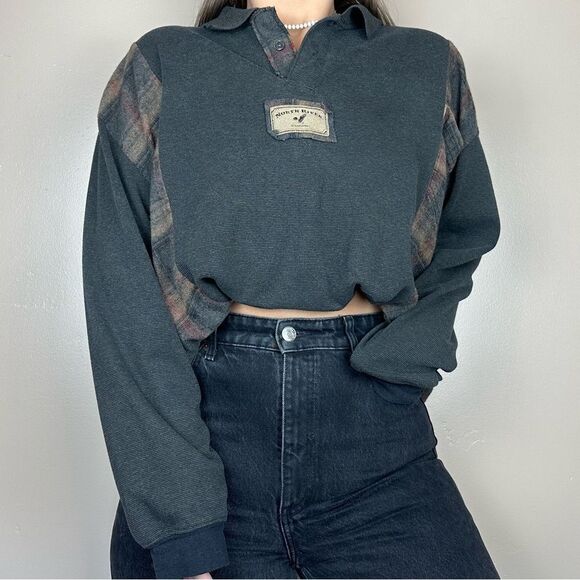 Reworked North River Flannel Sweater Western Gray Cozy Relaxed Sweater Shirt - Picture 1 of 6